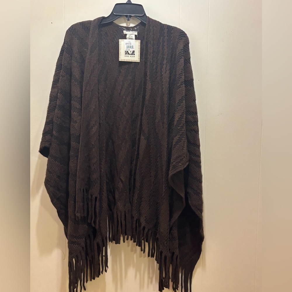 NWT Anne Klein Brown Textured Knit Fringe Poncho Wrap Women's One Size Boho Cozy